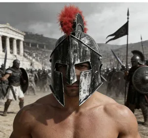 Spartan warrior helmet with red crest for Halloween party, ancient Roman cosplay costume prop.