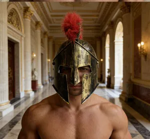 Roman warrior helmet with red crest, retro gold finish, ideal for Halloween party costumes.