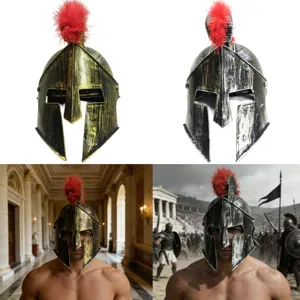 Ancient Roman Spartan Warrior Helmet With Red Feather Crest Halloween Party Viking Pirate Costume Distressed Plastic Hat