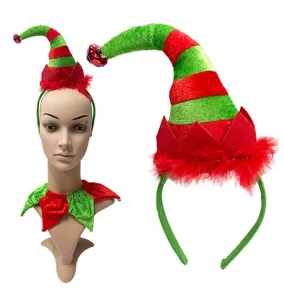 Detail view of Christmas elf headband with feathers, bells, and matching collar for holiday parties.