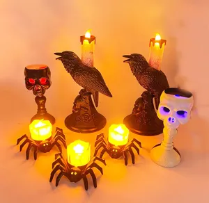 Halloween LED candle lights set, spooky crow and skull spider decor for party holiday props.