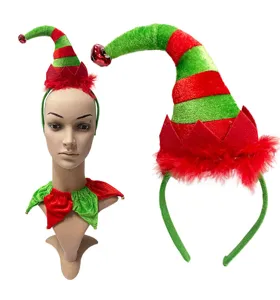 Christmas elf headband and collar detail shot featuring red and green plush with bells.