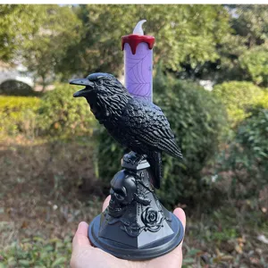 Halloween crow candle holder with skull base and purple LED spiderweb candle decor for party.