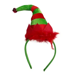 Festive Christmas elf headband with red green stripes, fluffy feathers and a cute jingle bell.