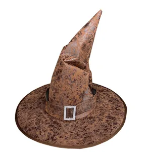 Brown cracked leather witch hat detail, rhinestone buckle accent for Halloween cosplay parties.