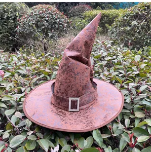 Brown distressed wizard hat with rhinestone buckle, classic vintage halloween costume accessory.