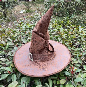 Brown wizard witch hat cosplay costume prop with buckle for Halloween party and stage performance.