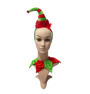 Christmas elf headband and collar set, red green velvet party hair accessories for holiday.