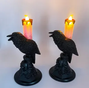 Halloween LED raven candle light set with skull base for spooky party home decor item.