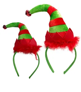 Detail view of Christmas elf headband with red green stripes, feathers and jingle bells.