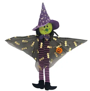 Halloween witch hanging decoration with purple star hat, bat cape and striped legs.