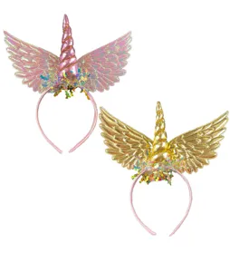 Diadema de alas de ángel y unicornio accesorio de fiesta rosa y oro brillante decorativo