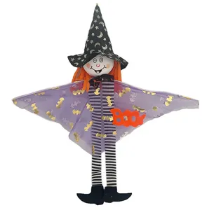 Halloween hanging witch doll decoration with purple bat cape and striped legs for party prop