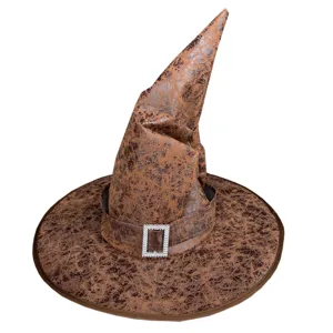 Halloween Witch Wizard Hat Vintage Faux Leather Pointed Magic Hat With Rhinestone Buckle For Masquerade Party Performance Accessory