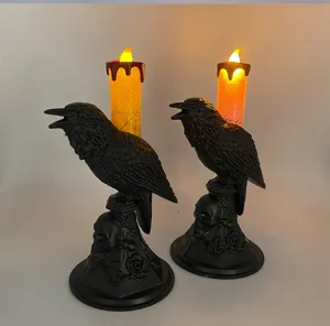 Halloween Raven Skull LED Candle Holder Set Gothic Black Crow Tealight Party Decor