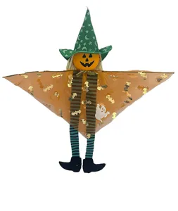 Halloween hanging scarecrow decoration featuring a pumpkin head, witch hat, and bat wings for party.