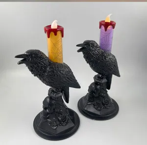 Halloween gothic crow skull candle holder LED electronic light spooky festival party decor.