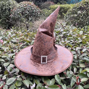 Halloween retro brown witch hat with sparkly rhinestone buckle, perfect for cosplay and parties.
