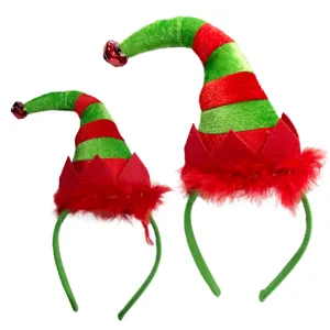 Christmas Elf Hat Headband And Bell Collar Set Red Green Striped Feather Novelty Headpiece For Holiday Party Decorations