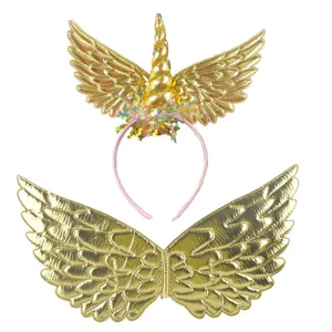 Conjunto de diadema y alas de ángel unicornio doradas para fiesta disfraz y espectáculo