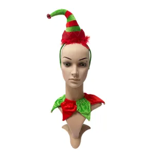 Christmas elf headband and collar set with red green stripes and bells for holiday party.