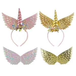 Set de diadema y alas de unicornio para fiesta, accesorios de disfraz brillantes en rosa oro.