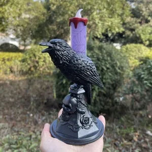 Halloween raven skull LED candle lamp, spooky gothic decor for party home tabletop display.