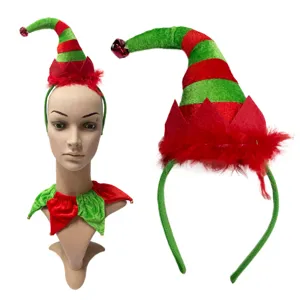 Christmas elf hat headband set red green stripes feather bell cute funny party holiday hair hoop
