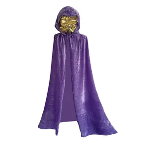 Detail view of the purple velvet Halloween hooded cloak, showing soft texture and gold hood.