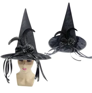 Schwarzer Hexenhut mit Federn Rosen für Halloween, Kostümparty, Karneval und Zauberer Event.
