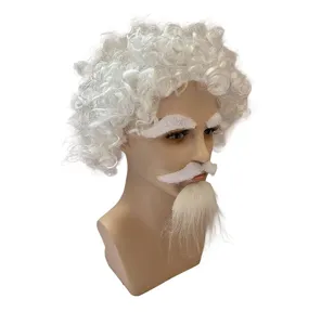 White curly wig set with matching beard and thick eyebrows for party and cosplay events.