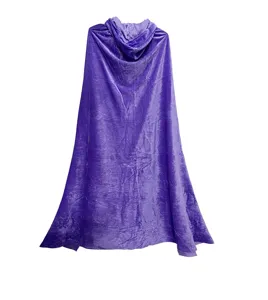 Purple velvet hooded cloak, soft fabric and elegant drape for Halloween party costumes.