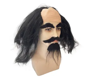 Divertente parrucca calva novità con capelli laterali e set di barba per festa