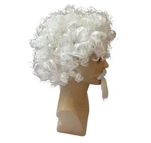 White curly wig and beard set, fluffy afro hair costume accessory for party cosplay events.