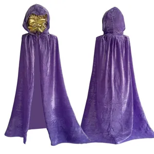Detail view of the purple velvet hooded cloak, perfect for Halloween and cosplay events.