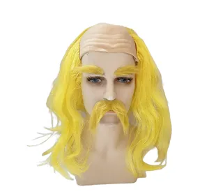 Parrucca bionda divertente con calotta sopracciglia e baffi per festa cosplay costume