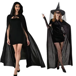 Detailed view of women black Halloween cloak and witch costume set, perfect for cosplay.