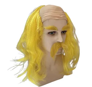 Vista dettagliata di parrucca calva divertente con capelli gialli, sopracciglia e baffi per feste.