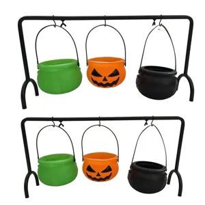 Halloween mini witch cauldron set with metal display stand, pumpkin candy bucket party decor