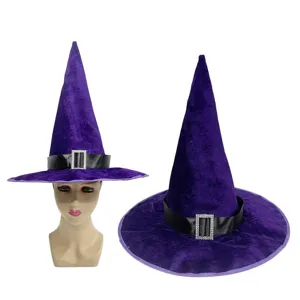 Purple velvet witch hat for Halloween party, wizard costume hat with shiny rhinestone buckle.