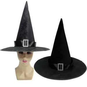 Schwarzer Halloween Hexenhut mit Strass-Schnalle, ideal für Partys und Kostüm-Cosplay.
