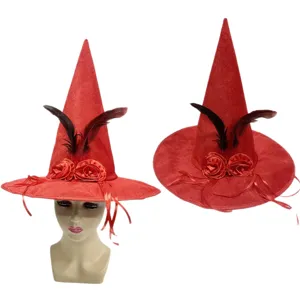 Roter Hexenhut mit schwarzen Federn und Rosen fuer Halloween Party Kostuem Zubehoer