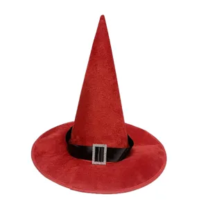 Red witch hat with black ribbon and rhinestone buckle for Halloween party and cosplay dress