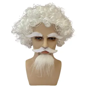 White curly party wig with matching bushy eyebrows mustache and beard for costume events.