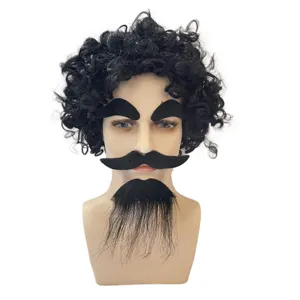 Black curly party wig set with thick eyebrows and mustache for Halloween cosplay dress up.
