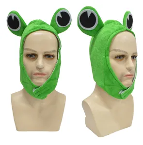 Cute green frog plush hat with big eyes, funny cartoon animal headwear for kids party.