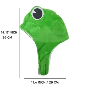 Cute green frog plush hood hat with big eyes, funny cartoon costume accessory for children.