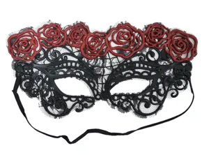 Masque de bal en dentelle noire détail, roses rouges crâne fête gothique masque des yeux.