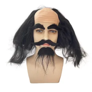 Divertente parrucca calva con capelli neri lunghi, sopracciglia spesse e baffi.