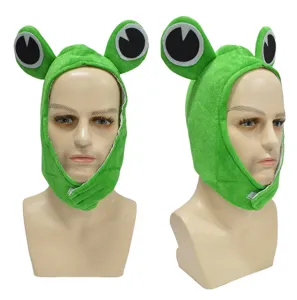 Detailed view of the cute green frog plush hat, funny cartoon big eyes headwear display.